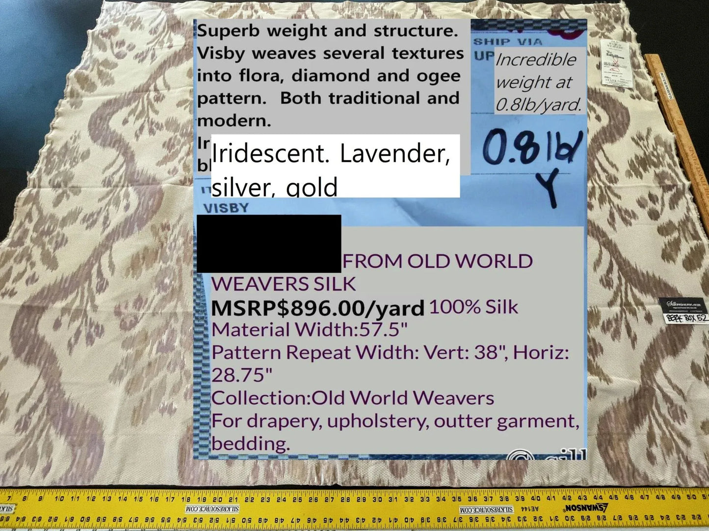 22 Berkbox52 1.2 yard Scalamandre Visby Silver Gold Old World Weavers 100% Silk Lampas MSRP USD 896/Y