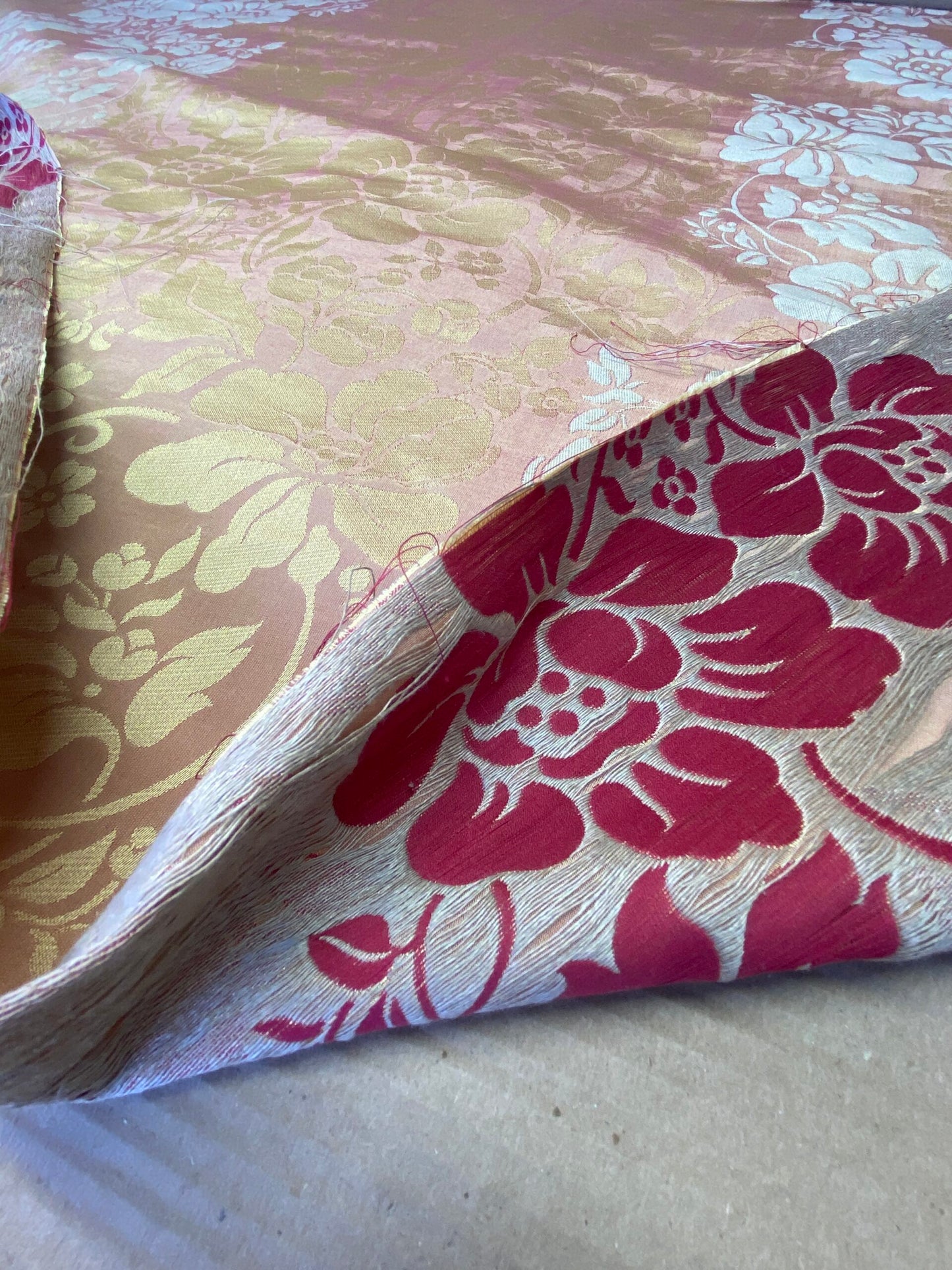 Old World Weavers BROCHE DAMASK YELLOW/RED Pink Peach Gold Italian Renaissance Brocade Silk Linen Cotton MSRP $500+/y