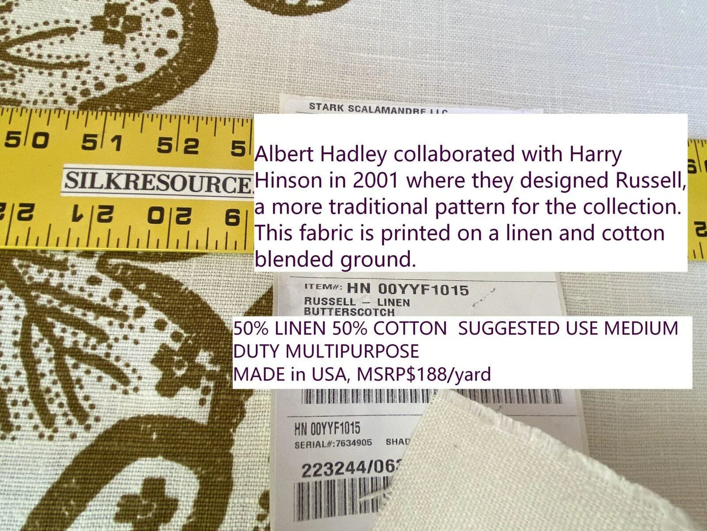 Scalamandre " Russell - Linen Butterscotch MSRP USD 188/Y Albert Hadley Linen Print Jacobean Tan