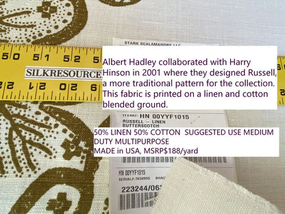 Scalamandre " Russell - Linen Butterscotch MSRP USD 188/Y Albert Hadley Linen Print Jacobean Tan