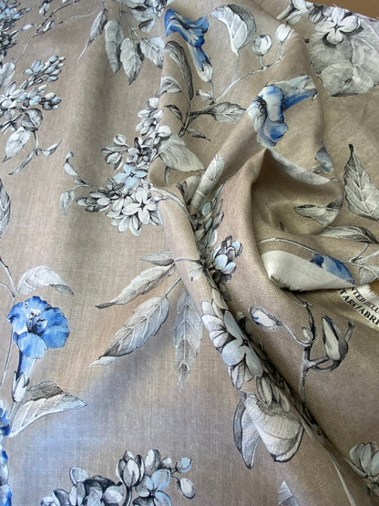 Scalamandre Merrimon in Linen Print Silky Linen Fragrant Summer lilac trumpet flower or  jimsonweed  MSRP $346/y