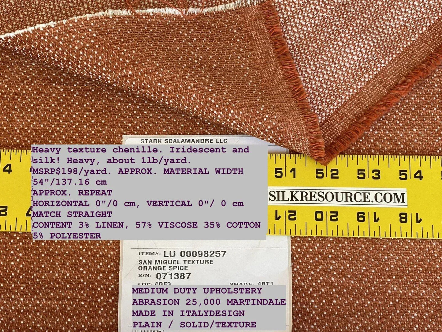 by yard Scalamandre San Miguel Texture Orange Spice Chenille MSRP USD 216/Y
