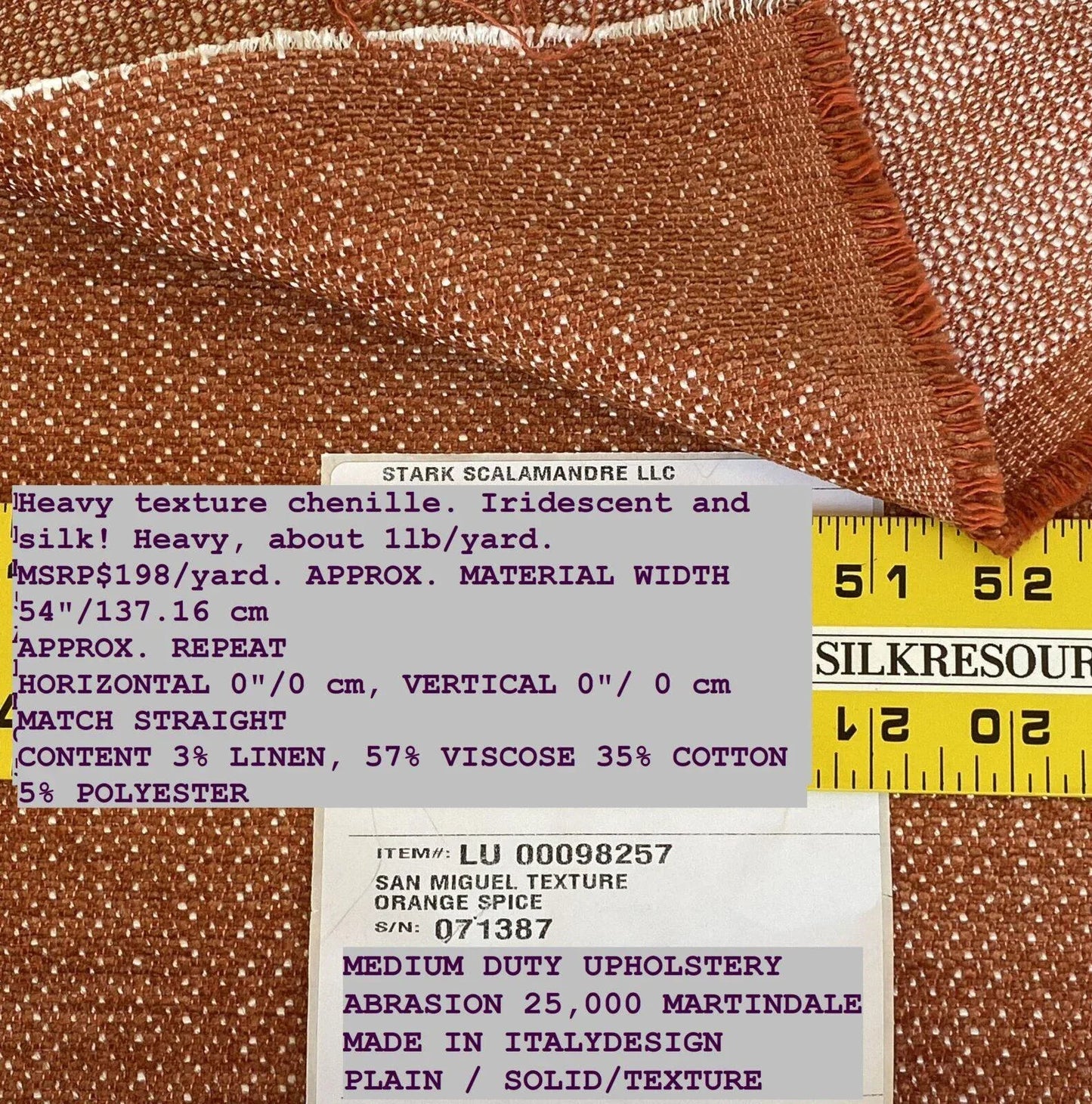 by yard Scalamandre San Miguel Texture Orange Spice Chenille MSRP USD 216/Y