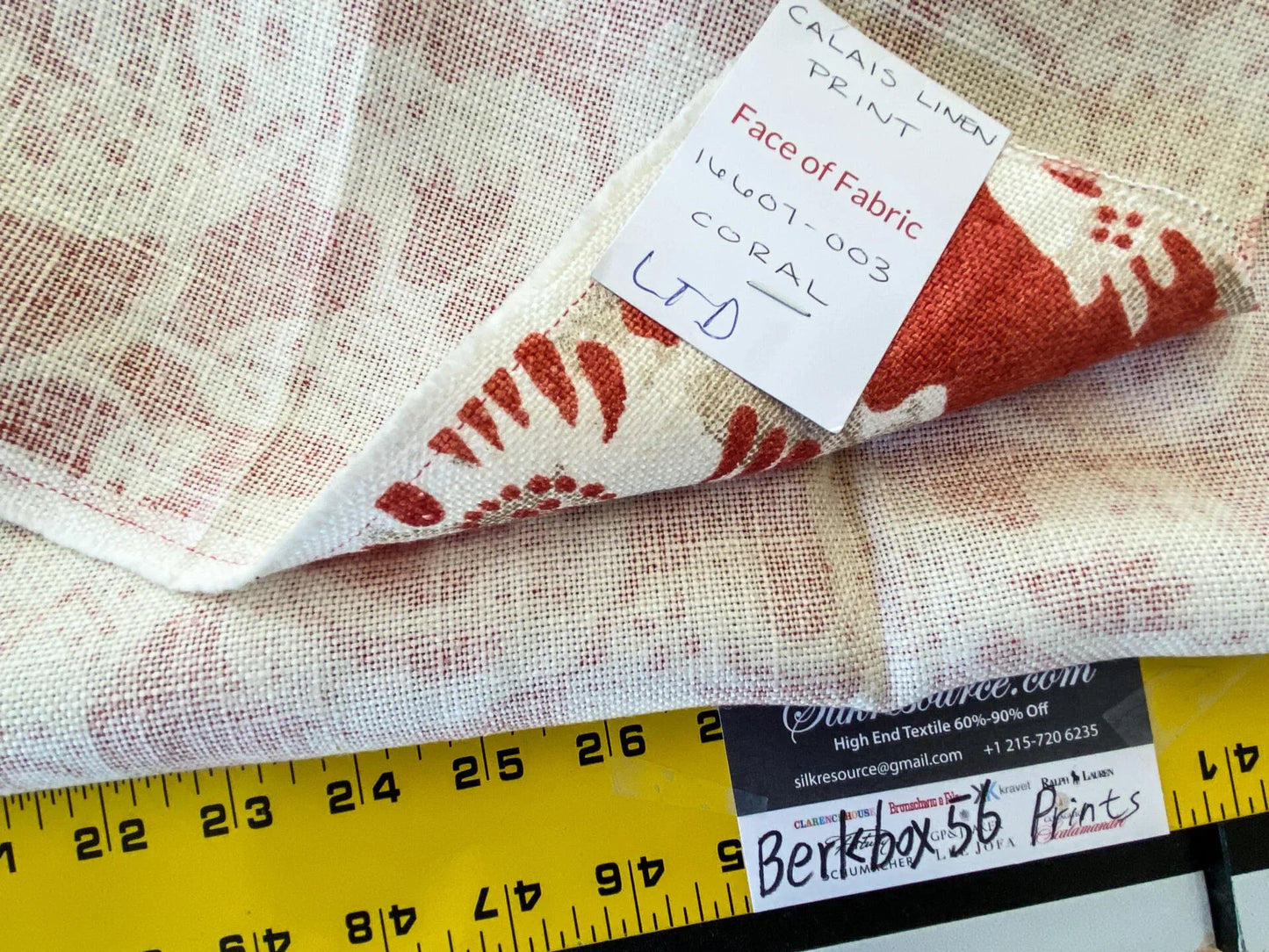 6 Berkbox56 1.5 yard Scalamandre Calais Linen Print Coral Red White
