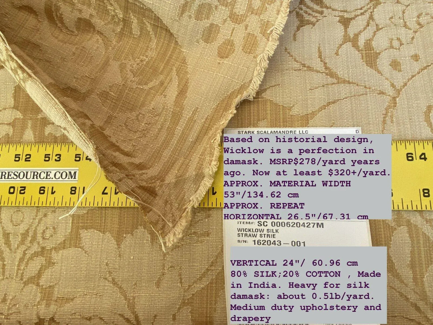Scalamandre " Wicklow Silk Straw Strie Renaissance Grand Damask Gold Yellow White MSRP USD 278/Y Damask"