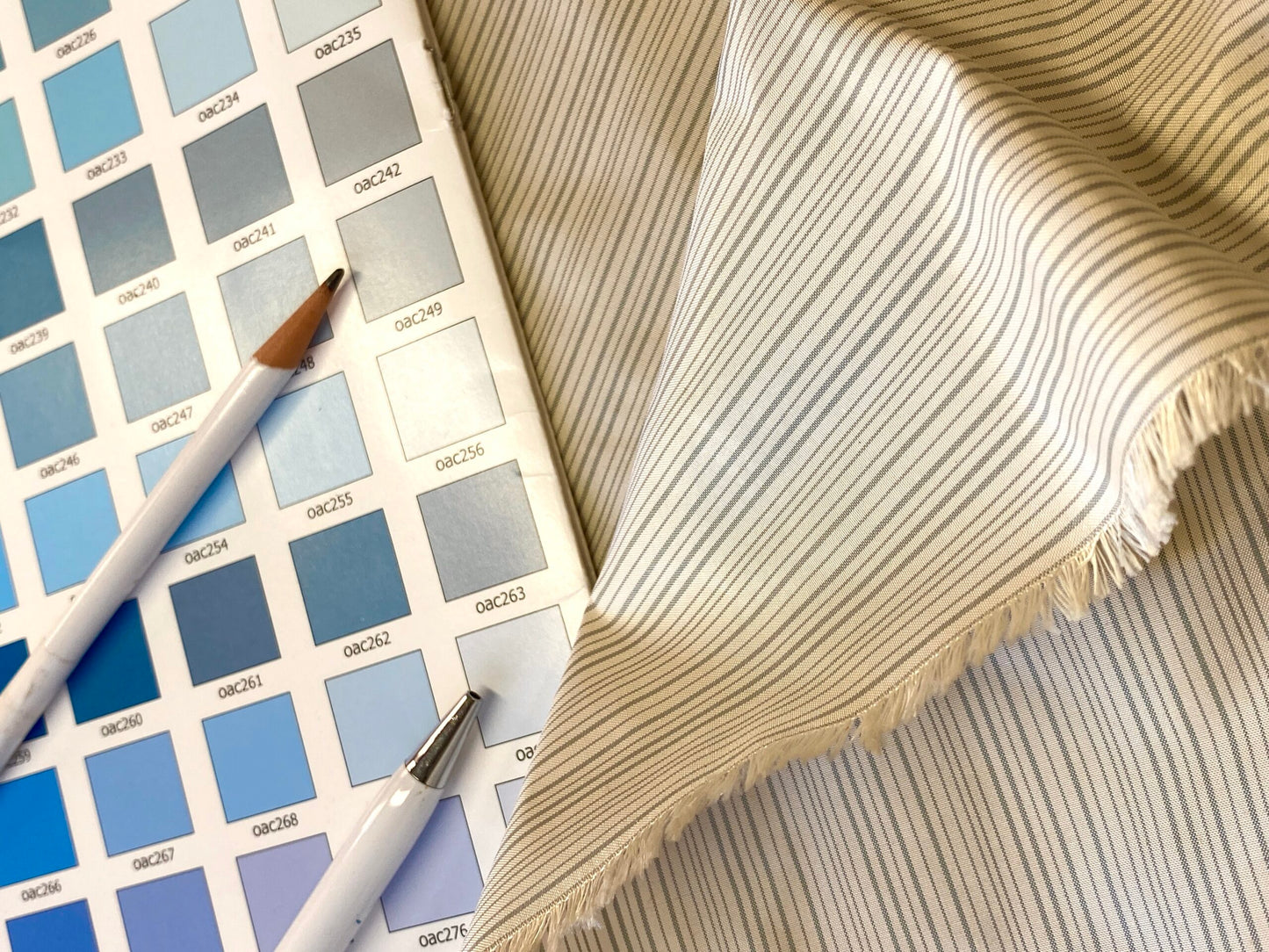 Scalamandre Astley Silk Strie Cream Blue White Pin Stripe Small Scale  MSRP USD350+/yard