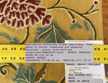 Scalamandre Almora Crewel Yellow Chinoiserie Tree Peony Floral Embroidery MSRP USD 300+