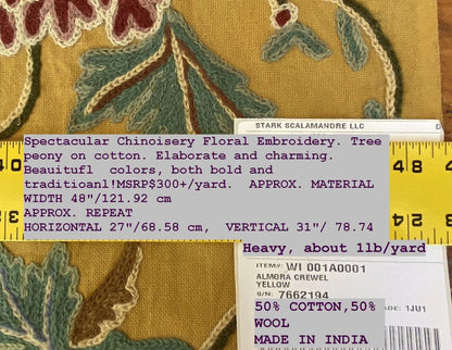 Scalamandre Almora Crewel Yellow Chinoiserie Tree Peony Floral Embroidery MSRP USD 300+