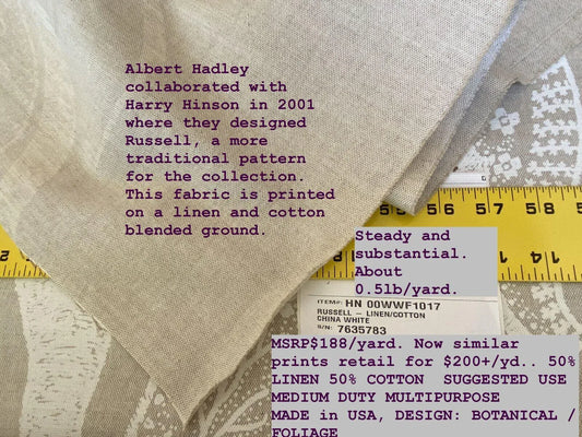Scalamandre Russell Linen Cotton China White Albert Hadley Print Jacobean MSRP USD 188/Y