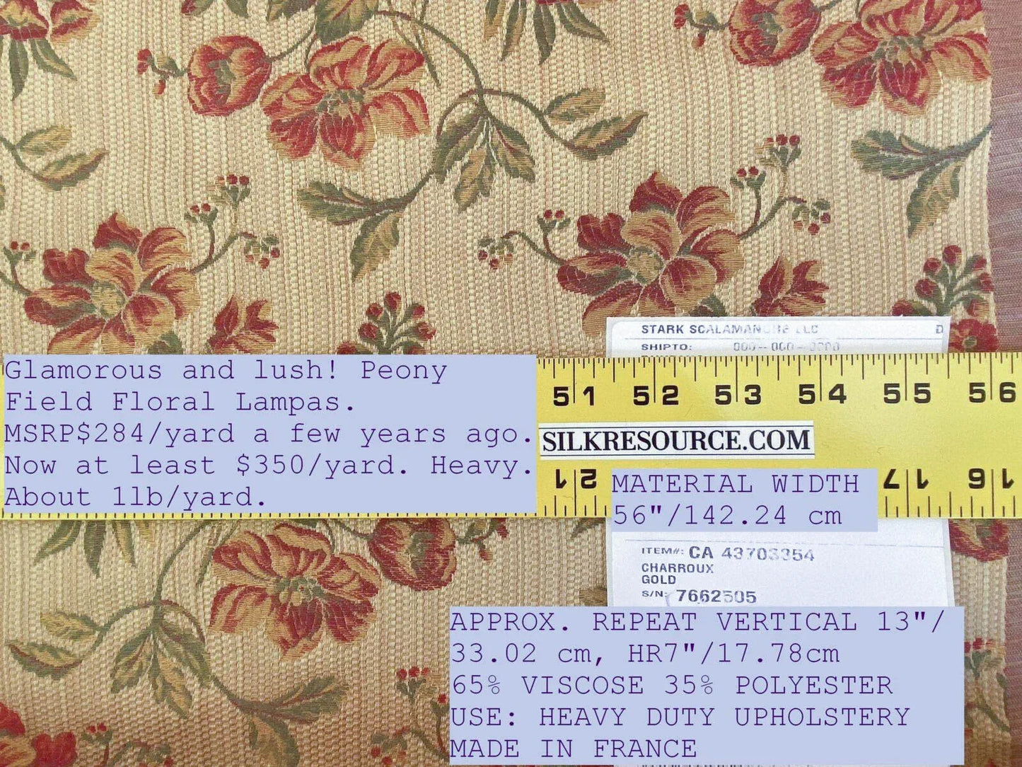 Scalamandre Charroux Gold Peony Field Red Floral Lampas Red France MSRP USD 284/Y