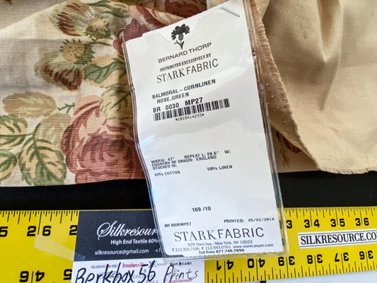 12 Berkbox56 1.3 yard Scalamandre Balmoral-Corn linen Rose, Green Floral