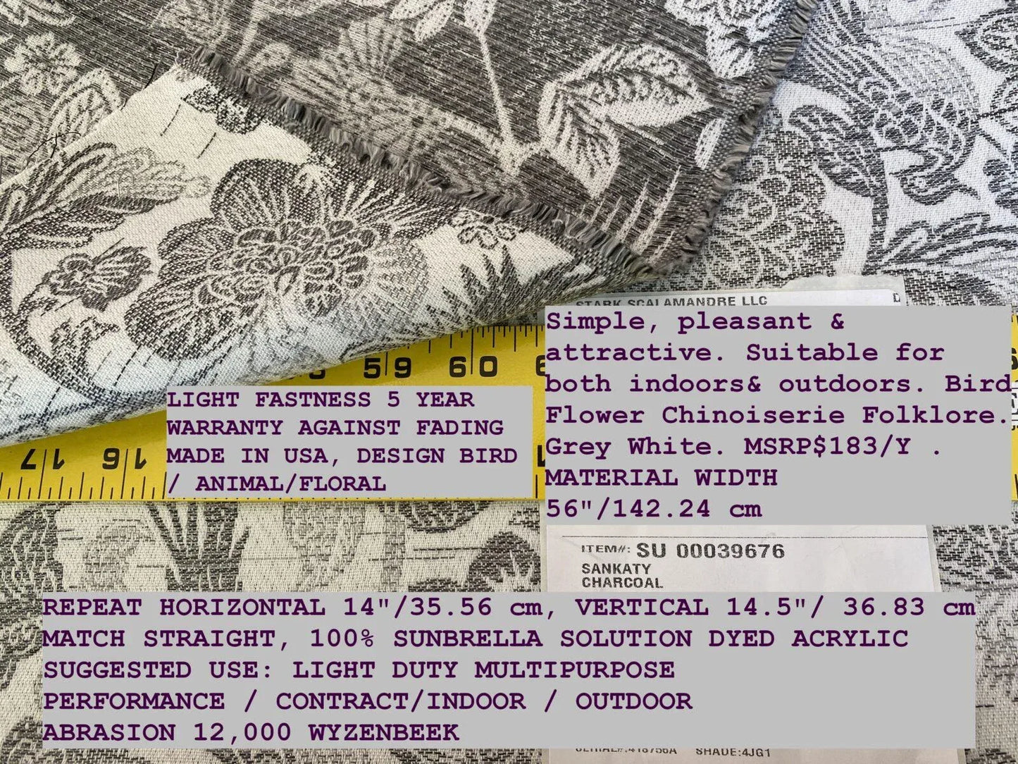 Scalamandre Sankaty Charcoal Outdoor Bird Flower Chinoiserie Folklore Grey White MSRP USD 183/Y