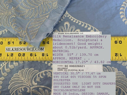 Scalamandre Hillcrest Ivory On Celestial Blue Silk Renaissance Embroidery Medallion Crest Lace Like MSRP USD 394/Y