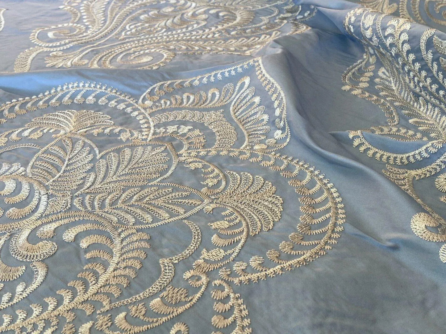 Scalamandre Hillcrest Ivory On Celestial Blue Silk Renaissance Embroidery Medallion Crest Lace Like MSRP USD 394/Y