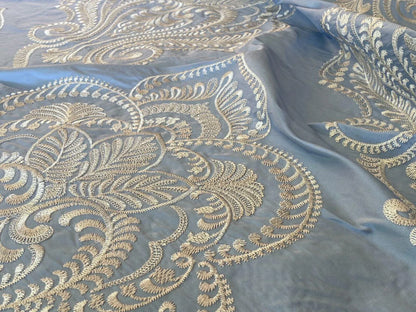 Scalamandre Hillcrest Ivory On Celestial Blue Silk Renaissance Embroidery Medallion Crest Lace Like MSRP USD 394/Y