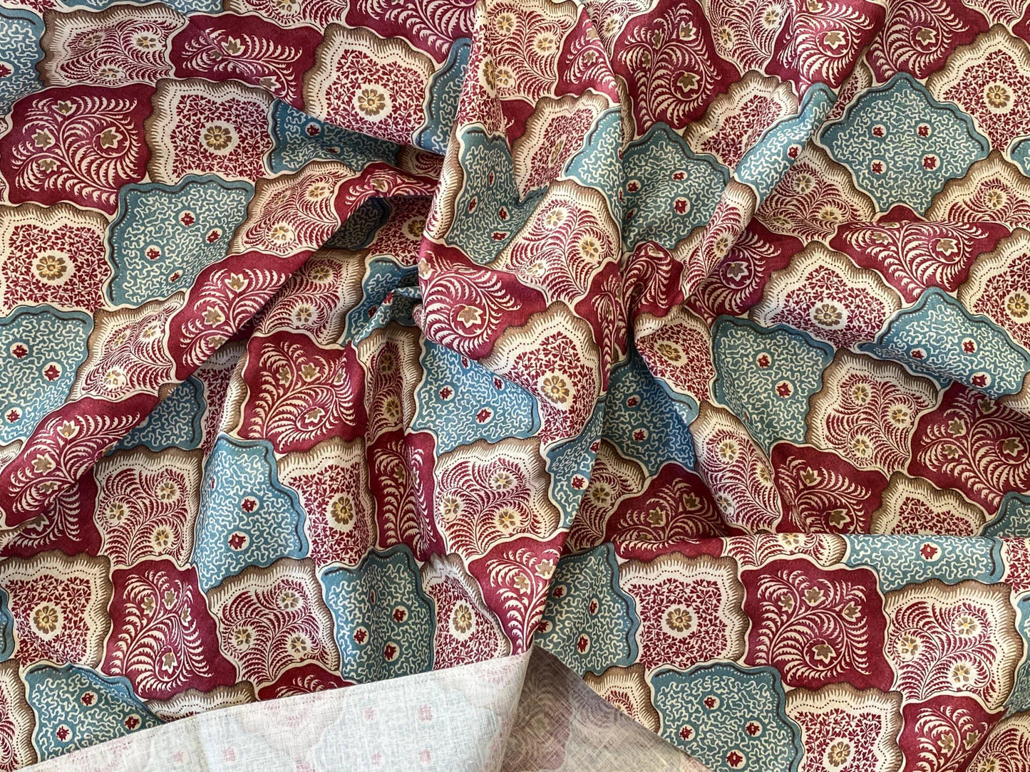 Scalamandre  AKIRA PEACOCK ROSE Cotton Print Red Blue Diamond Pattern