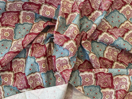 Scalamandre  AKIRA PEACOCK ROSE Cotton Print Red Blue Diamond Pattern