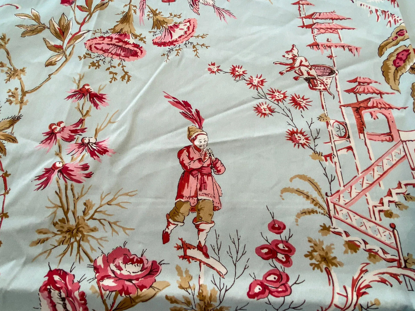 20 Berkbox56 1.2 yard Scalamandre Sky blue Red Chinoiserie Toile Floral Print Minor Defect