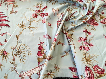 20 Berkbox56 1.2 yard Scalamandre Sky blue Red Chinoiserie Toile Floral Print Minor Defect