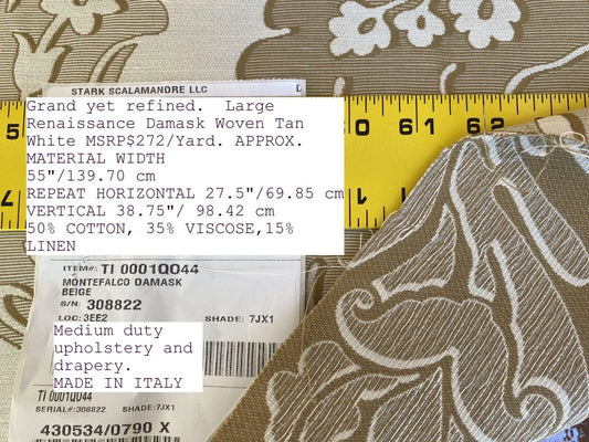 Scalamandre Montefalco Damask Beige Large Renaissance Damask Woven Tan White MSRP USD 272/Y"