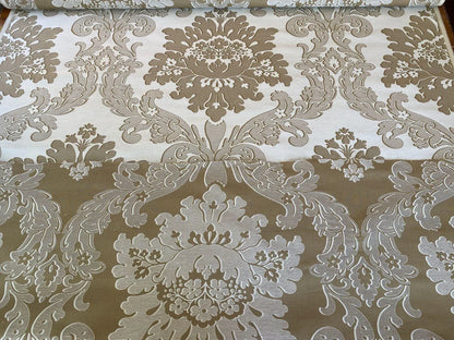 Scalamandre Montefalco Damask Beige Large Renaissance Damask Woven Tan White MSRP USD 272/Y"