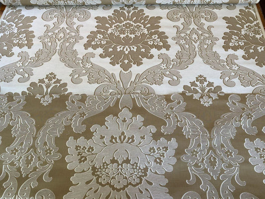 Scalamandre Montefalco Damask Beige Large Renaissance Damask Woven Tan White MSRP USD 272/Y