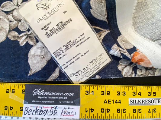 23 Berkbox56 1.3 yard Scalamandre Merrimon Navy Blue Floral 100% Linen with Glazed finish