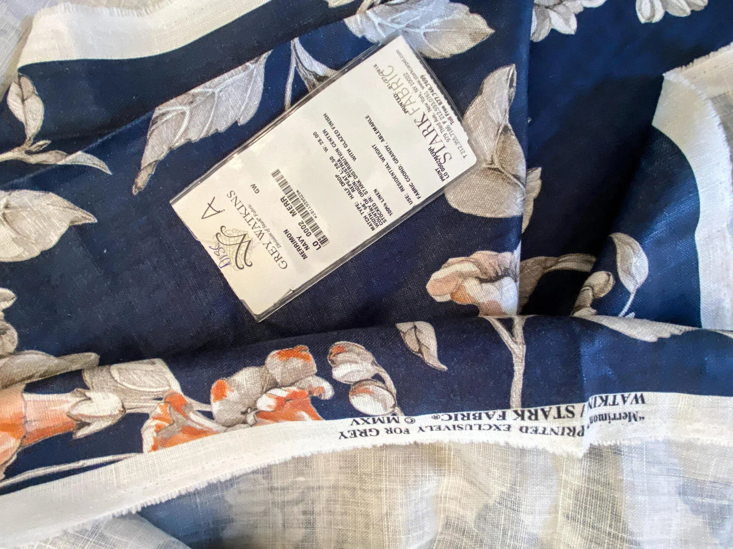 23 Berkbox56 1.3 yard Scalamandre Merrimon Navy Blue Floral 100% Linen with Glazed finish