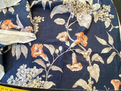 23 Berkbox56 1.3 yard Scalamandre Merrimon Navy Blue Floral 100% Linen with Glazed finish