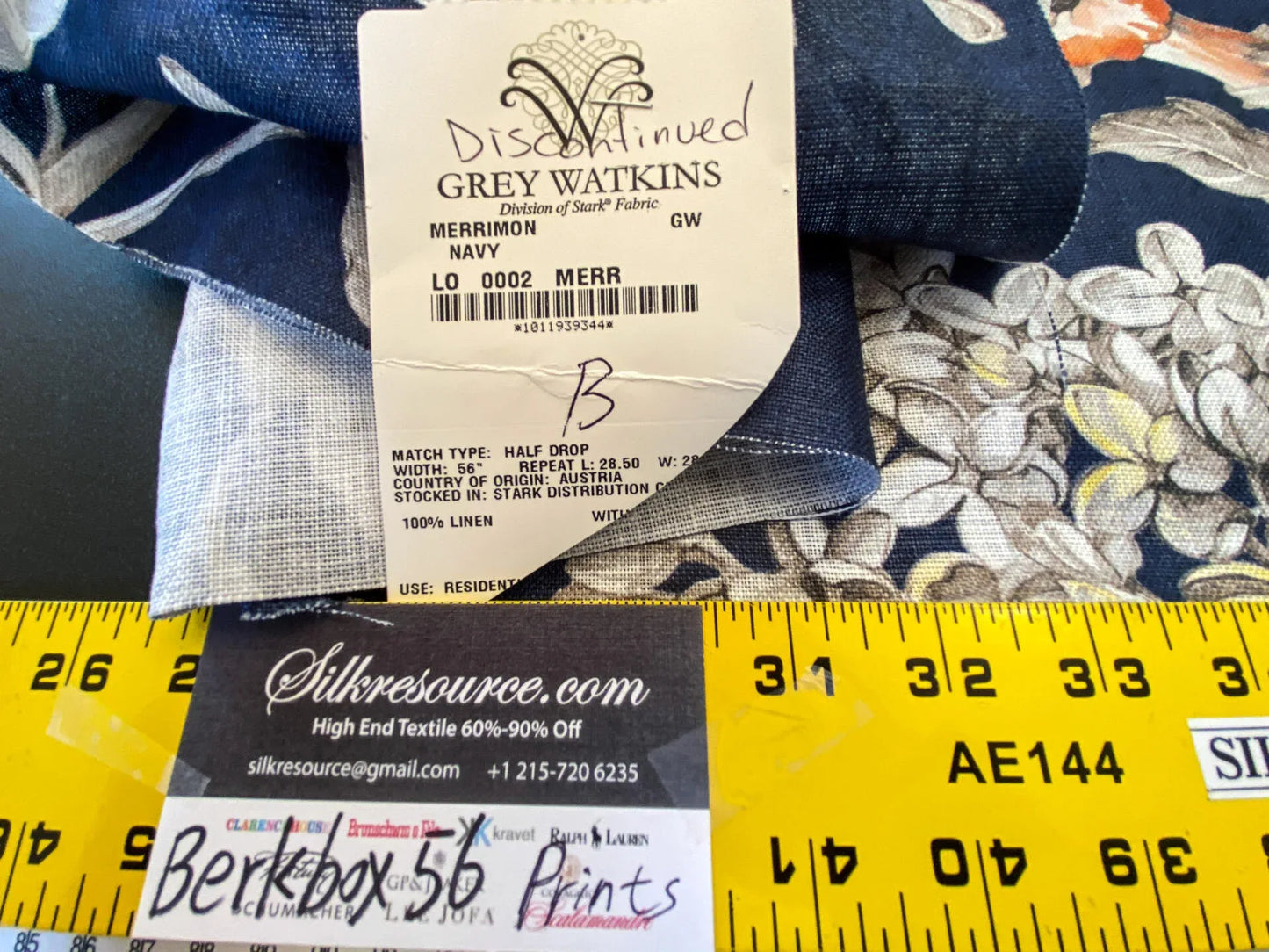 24 Berkbox56 1.1 yard Scalamandre Merrimon Navy Blue Floral 100% Linen with Glazed finish