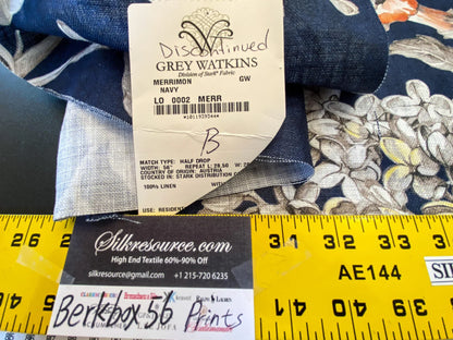 24 Berkbox56 1.1 yard Scalamandre Merrimon Navy Blue Floral 100% Linen with Glazed finish