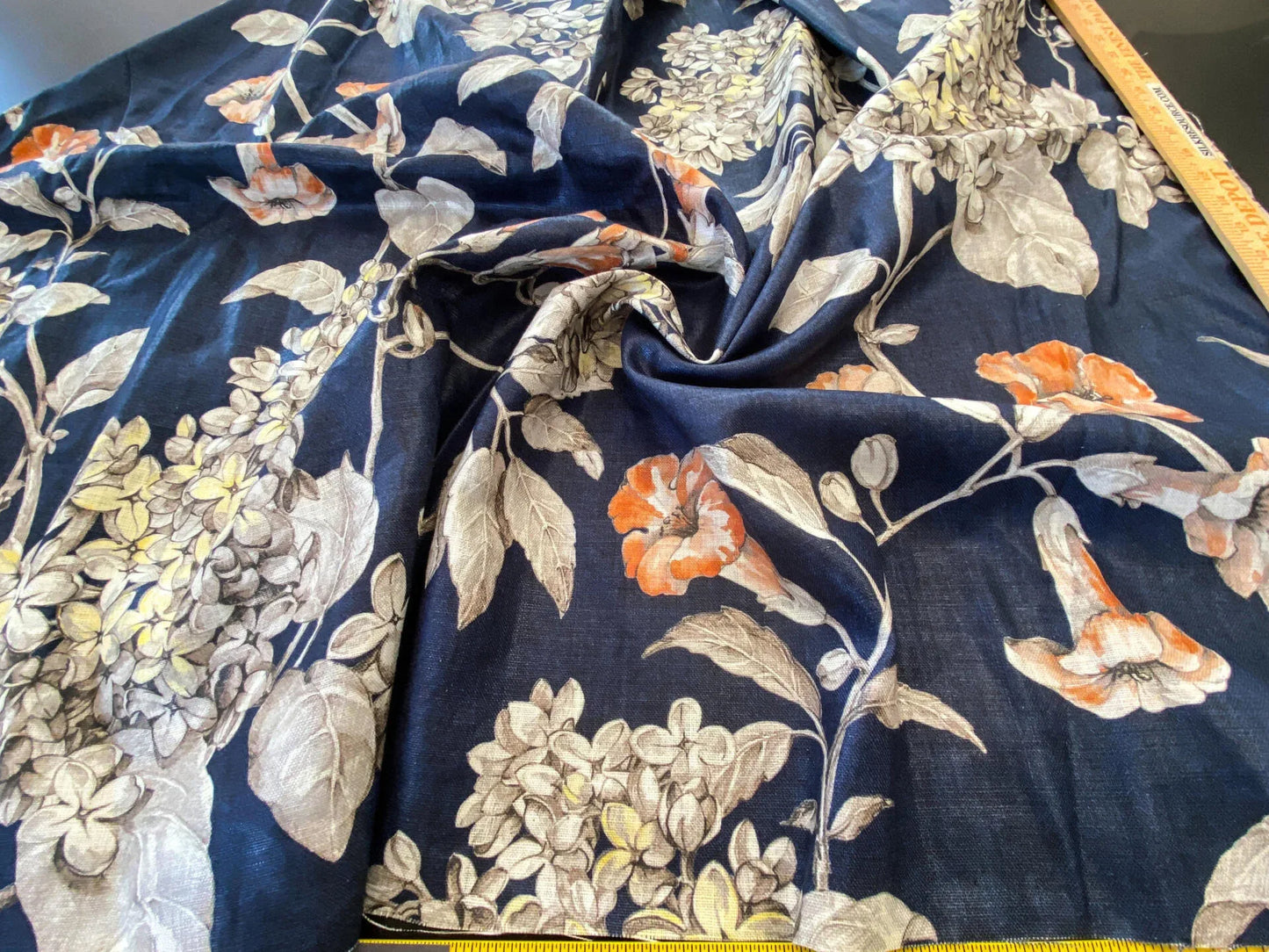 24 Berkbox56 1.1 yard Scalamandre Merrimon Navy Blue Floral 100% Linen with Glazed finish