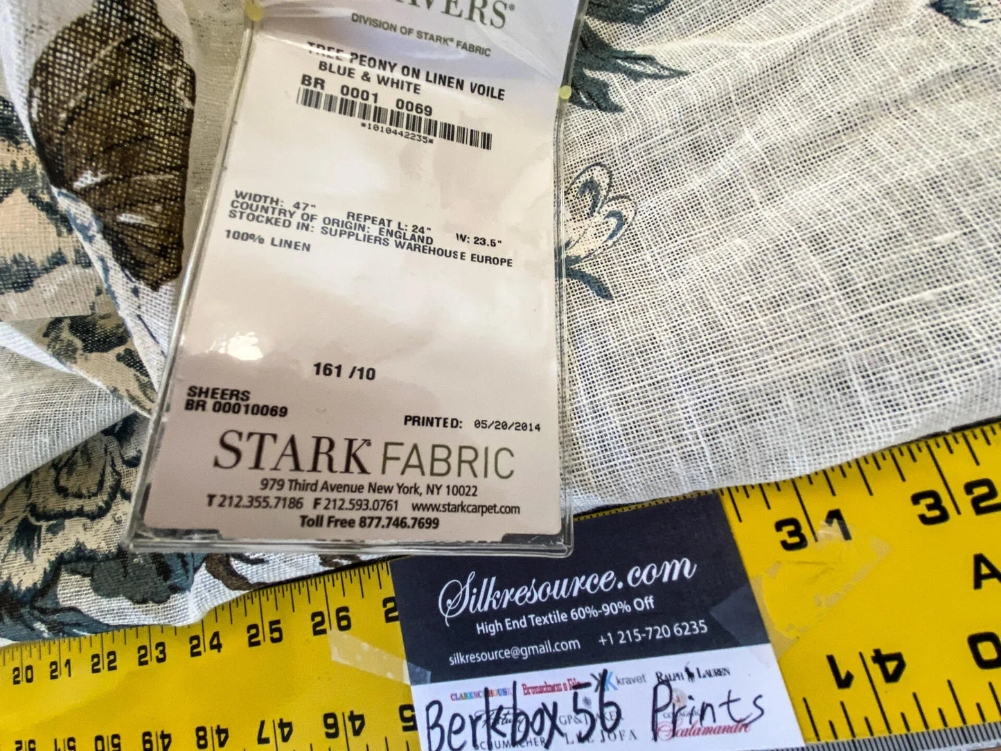 26 Berkbox56 2.4yard  Scalamandre Tree Peony on Linen Voile Blue and White