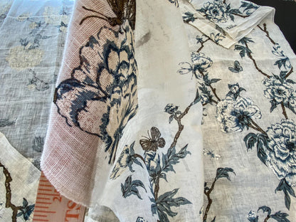 26 Berkbox56 2.4yard  Scalamandre Tree Peony on Linen Voile Blue and White
