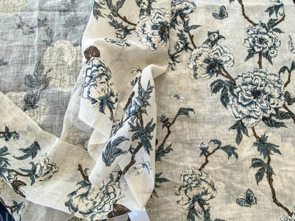 26 Berkbox56 2.4yard  Scalamandre Tree Peony on Linen Voile Blue and White