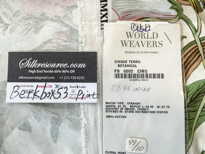 Scalamandre Cinque Terra Botanical Cream Floral Parrot Print Cotton - 1.2 Yards