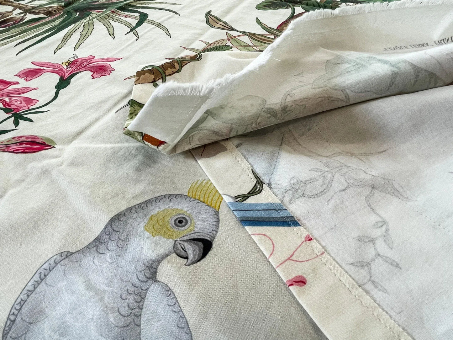 Scalamandre Cinque Terra Botanical Cream Floral Parrot Print Cotton - 1.2 Yards