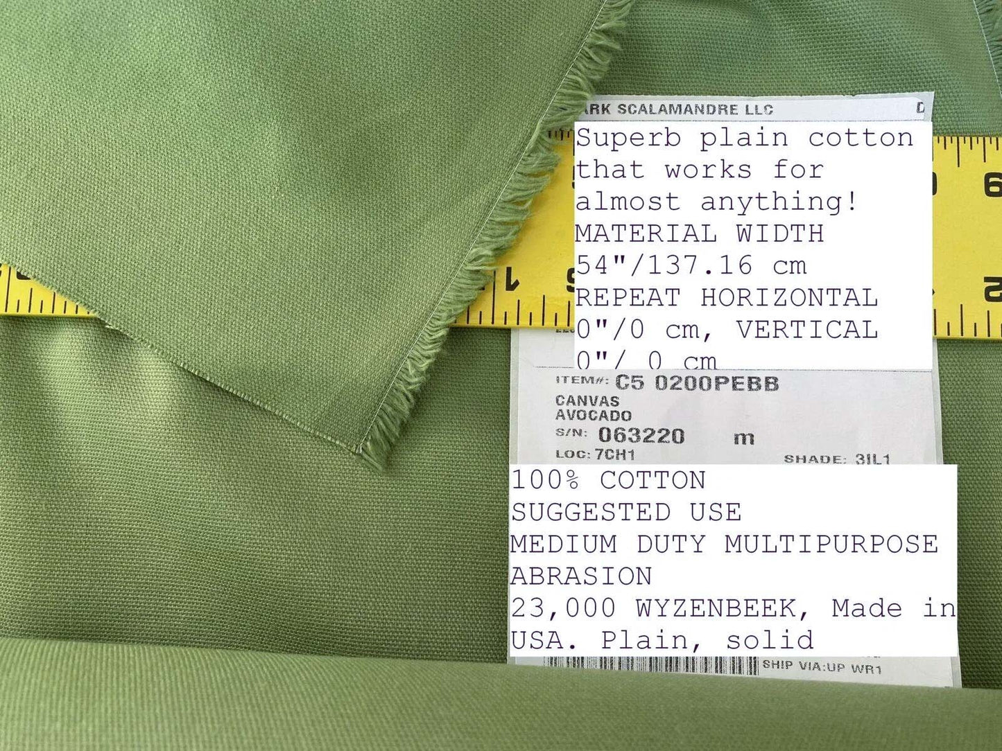 Scalamandre Canvas Avocado Green Cotton Canvas Medium Weight Made in US MSRP USD 69/Y