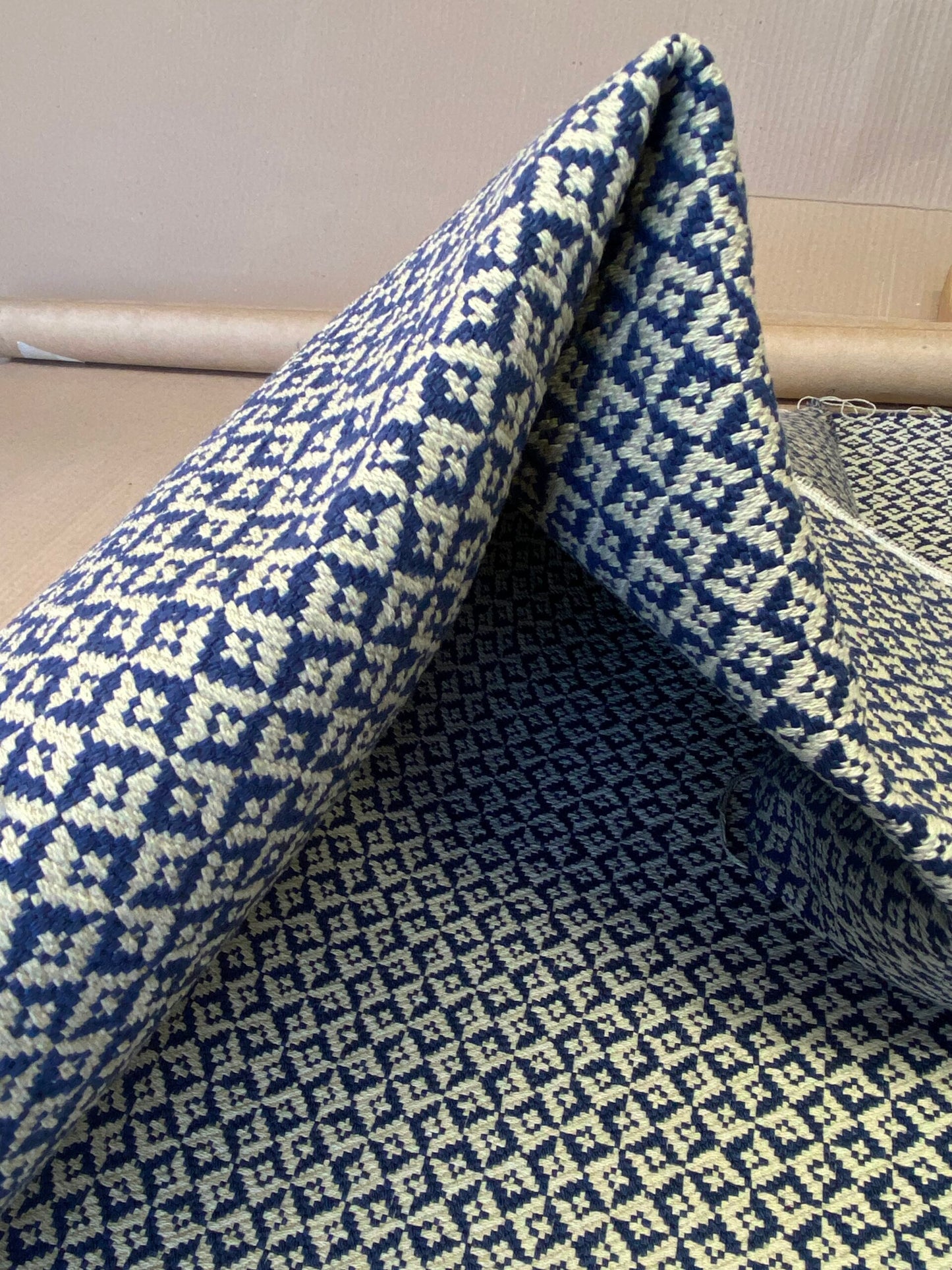 Scalamandre Khiva Weave Indigo Blue White Small Scale Geometric Diamond 100% Cotton MSRP USD180/yd