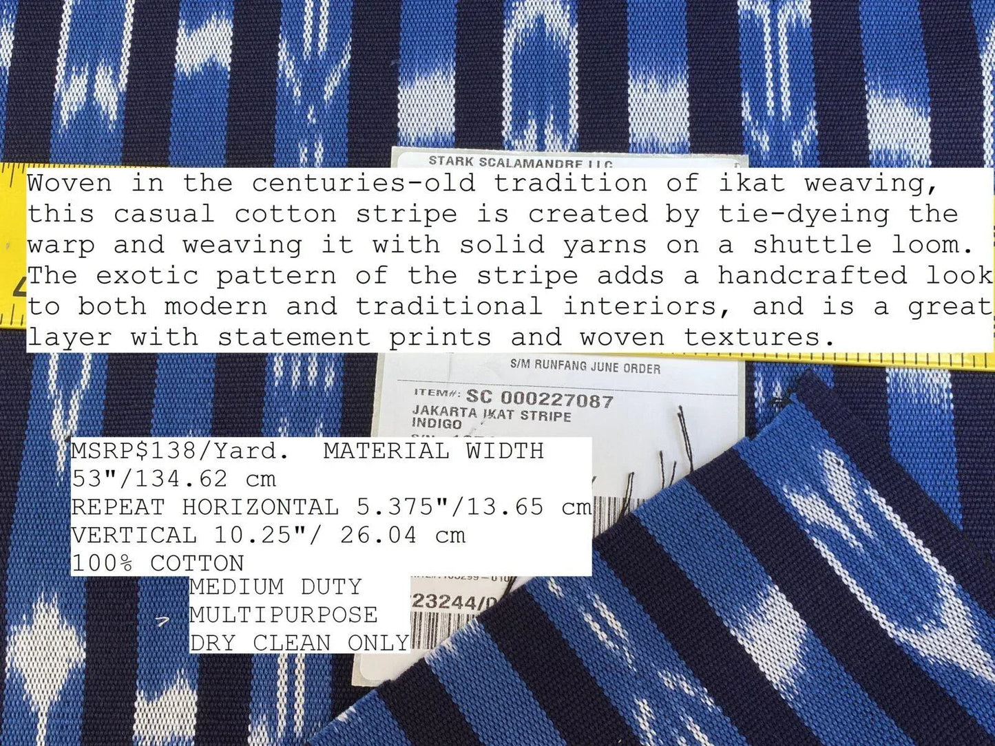 By yard Scalamandre Jakarta Ikat Stripe Indigo Asian Ikat Warp Print Blue White MSRP USD 138/Y