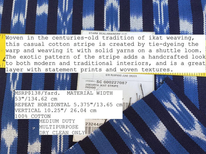 By yard Scalamandre Jakarta Ikat Stripe Indigo Asian Ikat Warp Print Blue White MSRP USD 138/Y