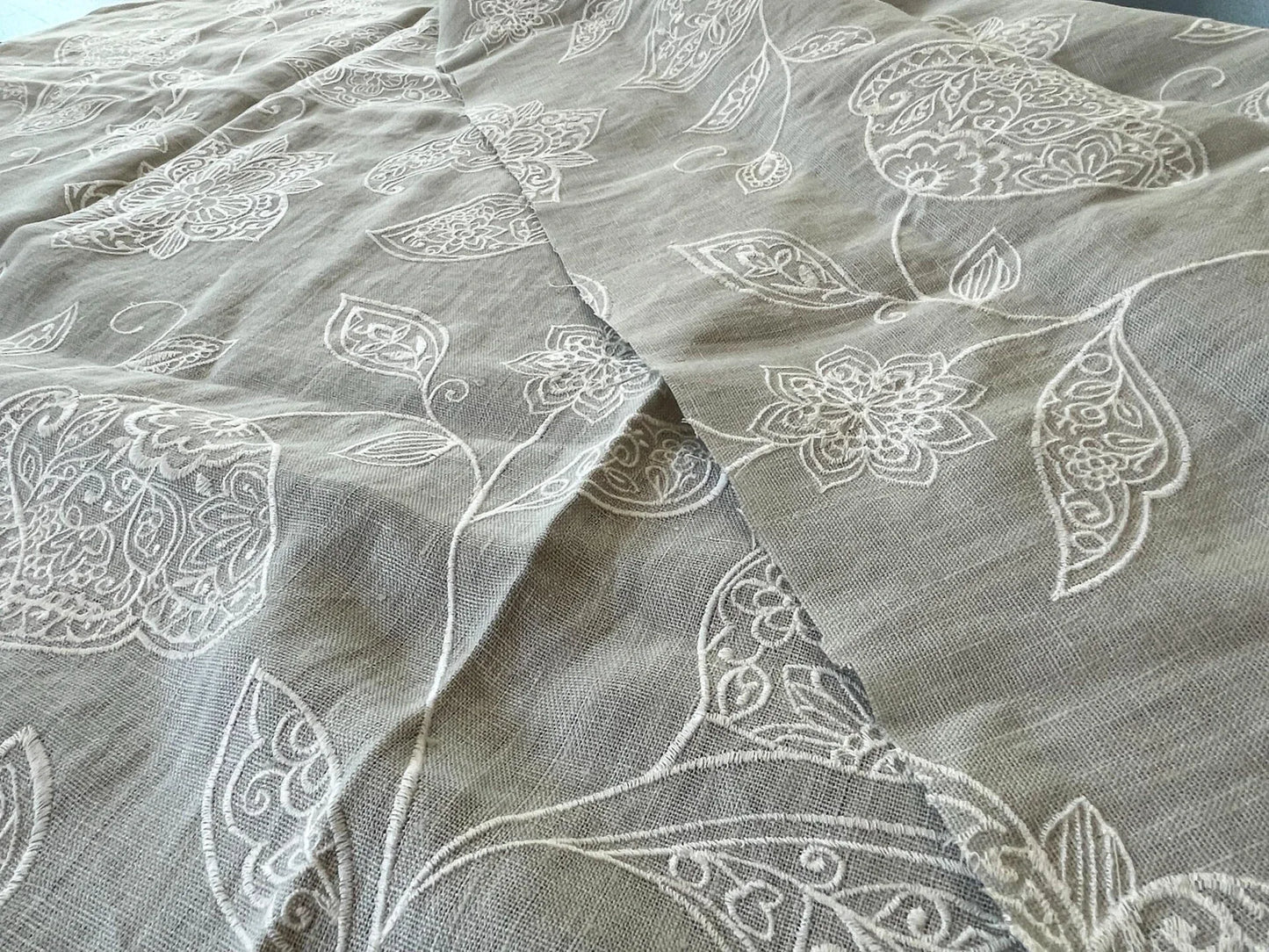 3 Berkbox54  1.25Y x 55" Scalamandre Madhavi White on Seagreen Linen Embroidery Gray Botanical MSRP USD 272/Y