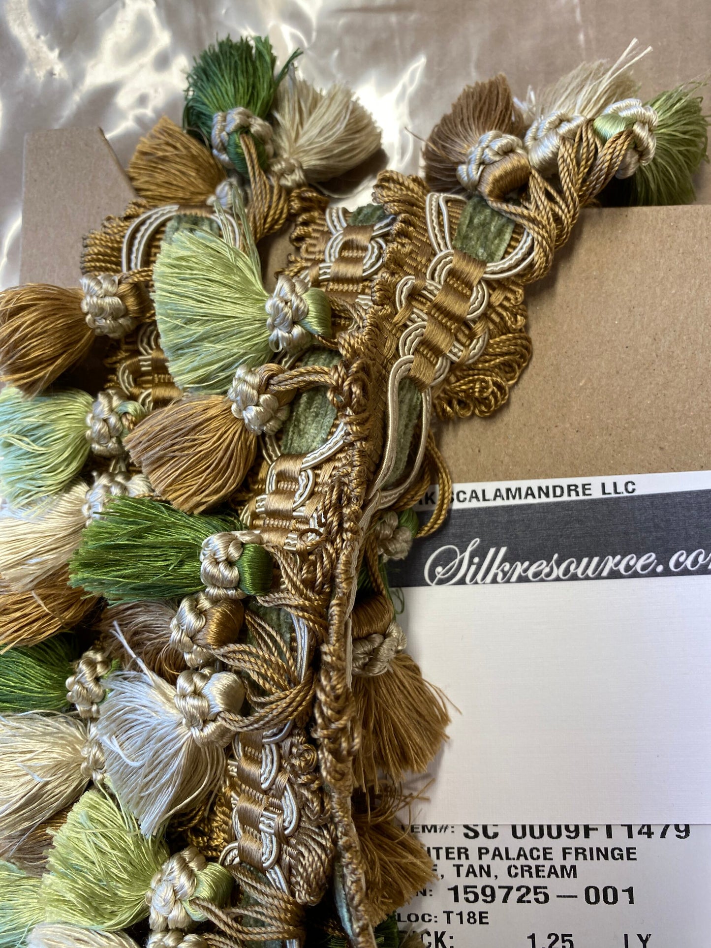 By yard Scalamandre Winter Palace Fringe Pine Tan Cream Tassel Brown Green MSRP USD 445/y
