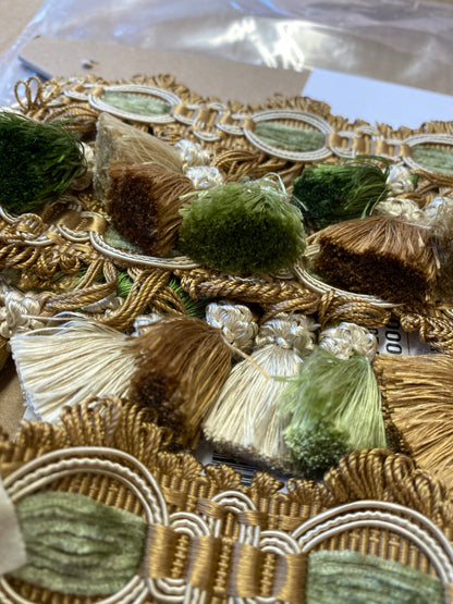 By yard Scalamandre Winter Palace Fringe Pine Tan Cream Tassel Brown Green MSRP USD 445/y