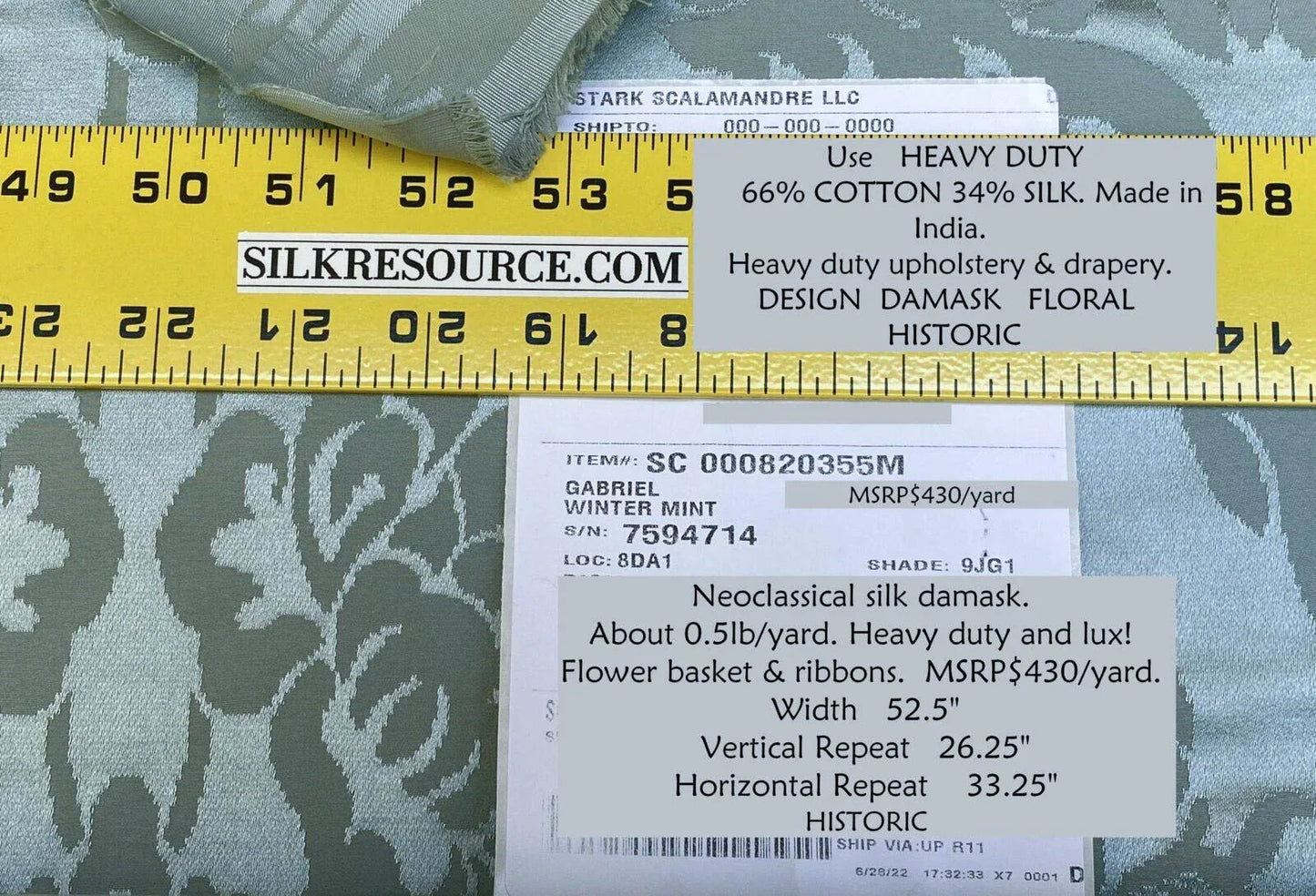 Scalamandre Gabriel Winter Mint Green Silk Damask Flower Basket MSRP USD 430/Y