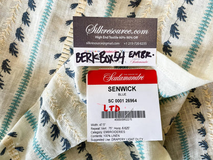 6 Berkbox54 2.4 yard Scalamandre Senwick Stripe Blue Cream Linen Embroidery MSRP USD 398/Y