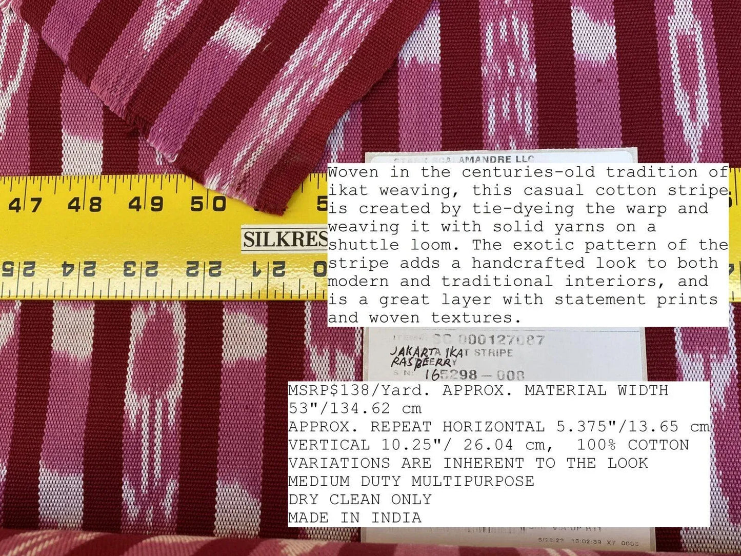 by yard Scalamandre Jakarta Ikat Stripe Raspberry  Asian Ikat Warp Print Red Pink White MSRP USD 138/Y