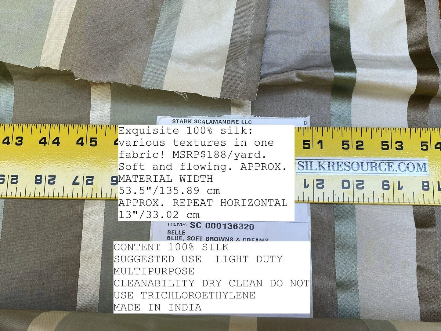 Scalamandre  Belle Blue, Soft Browns &amp; Creams Silk Satin Texture Stripe MSRP USD 188/Y