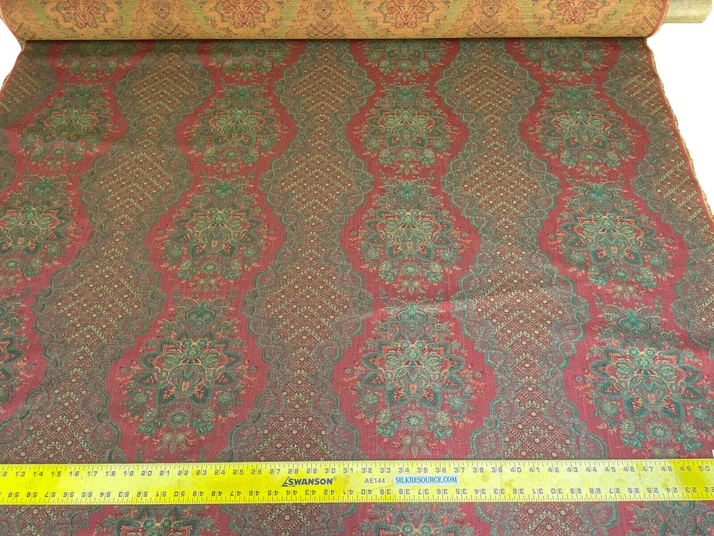 Scalamandre  Camille Russet Green Traditional Flower Stripe Brocade Pink Red Green MSRP USD 228/Y