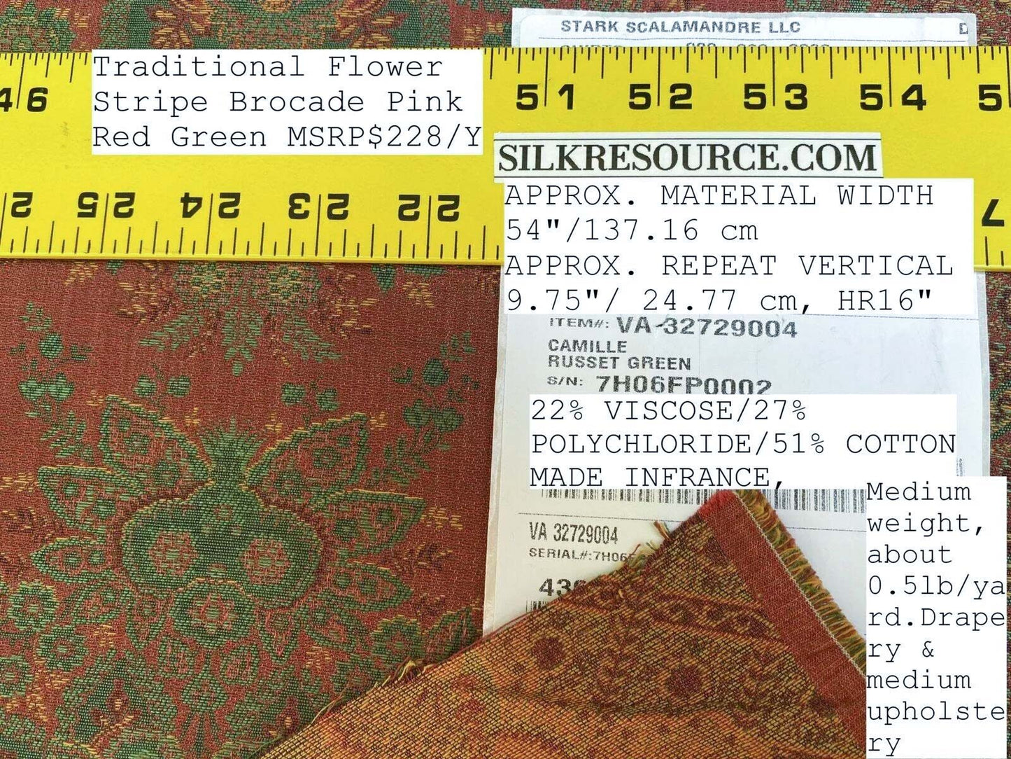 Scalamandre  Camille Russet Green Traditional Flower Stripe Brocade Pink Red Green MSRP USD 228/Y